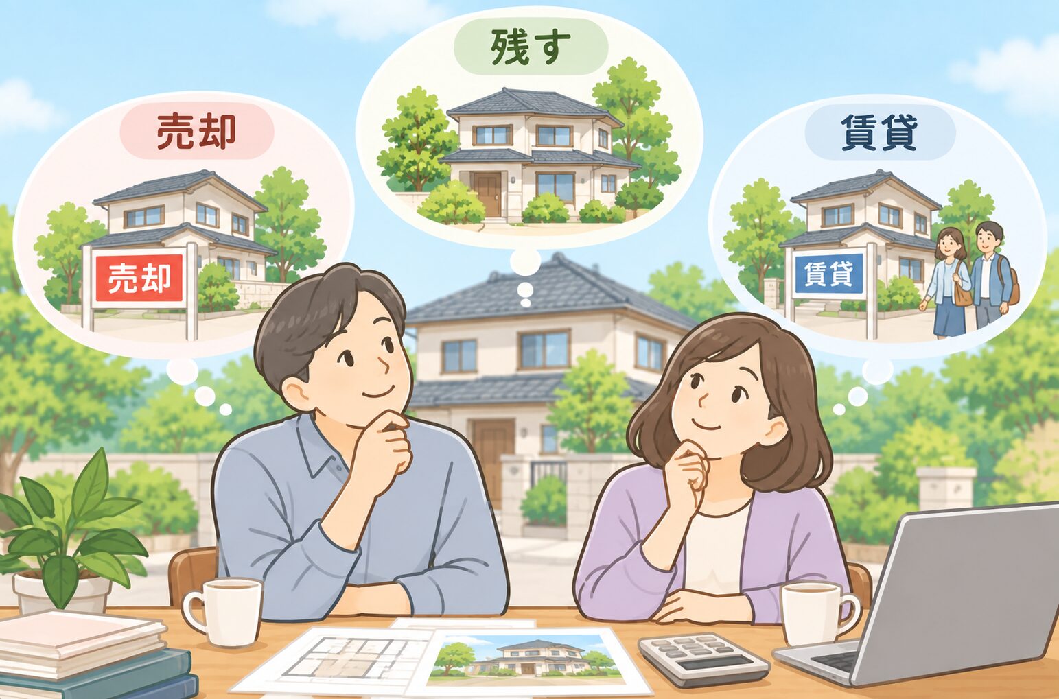 実家を売却・賃貸・保有するかを家族で検討している様子