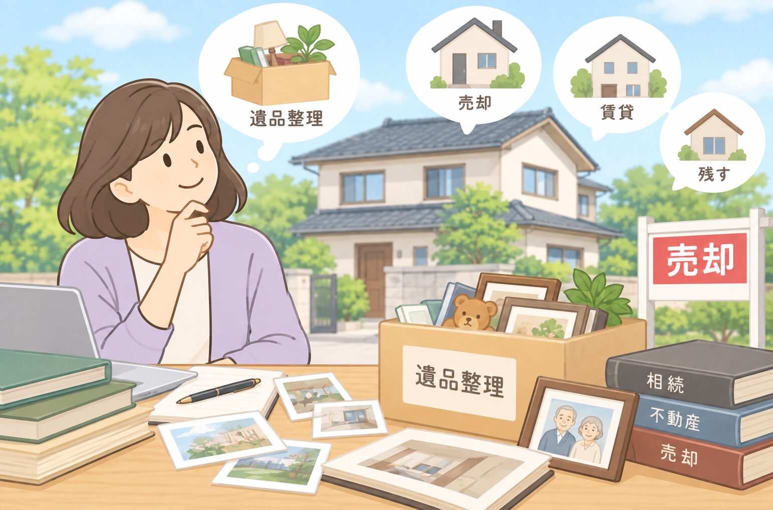 遺品整理後の実家を売却するか残すか検討している女性