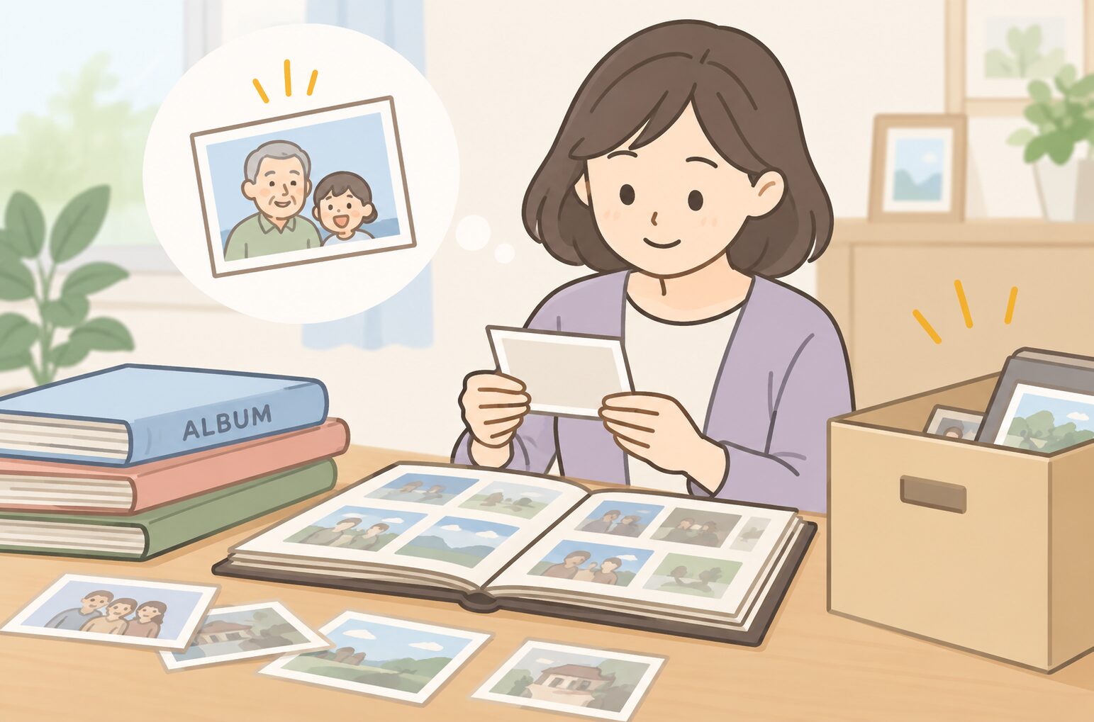 遺品整理で写真やアルバムを整理している女性
